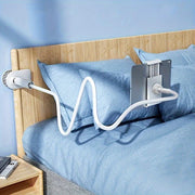 Flexible gooseneck tablet holder for hands-free viewing, reading, and streaming.