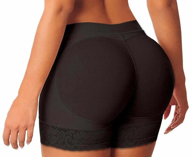 Back view of a woman in black high-waisted shapewear with lace trim, showcasing its butt-lifting design.