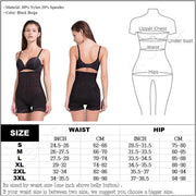 High-waisted black shapewear with lace trim, tummy control, butt lifting, size chart, and material details (80% nylon, 20% spandex).