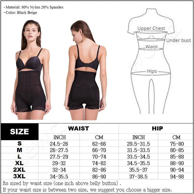 High-waisted black shapewear with lace trim, tummy control, butt lifting, size chart, and material details (80% nylon, 20% spandex).