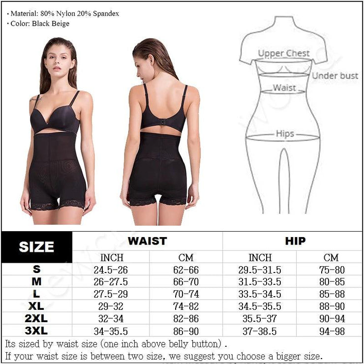 High-waisted black shapewear with lace trim, tummy control, butt lifting, size chart, and material details (80% nylon, 20% spandex).