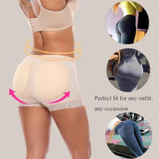 A woman in beige padded shapewear enhances curves with lift shown in insets.