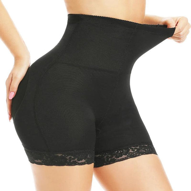 Close-up of a woman in high-waisted black shapewear stretching the waistband.