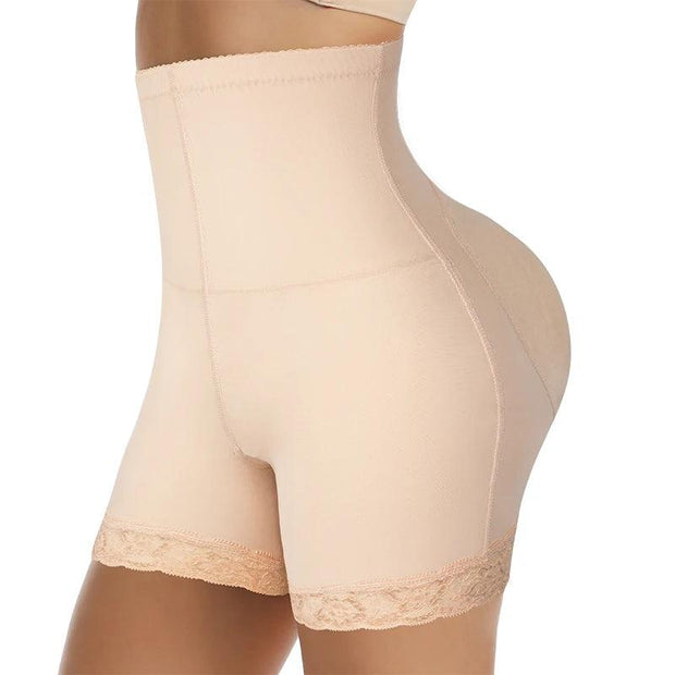 Close-up of a woman in high-waisted beige padded shapewear with lace trim.