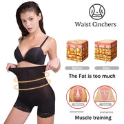 A woman in black shapewear pulls the waist, showing tummy control benefits.