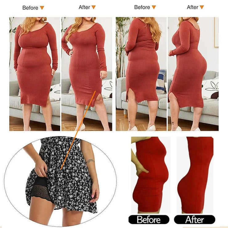 Before-and-after shapewear results show tummy control, lift, and curves.