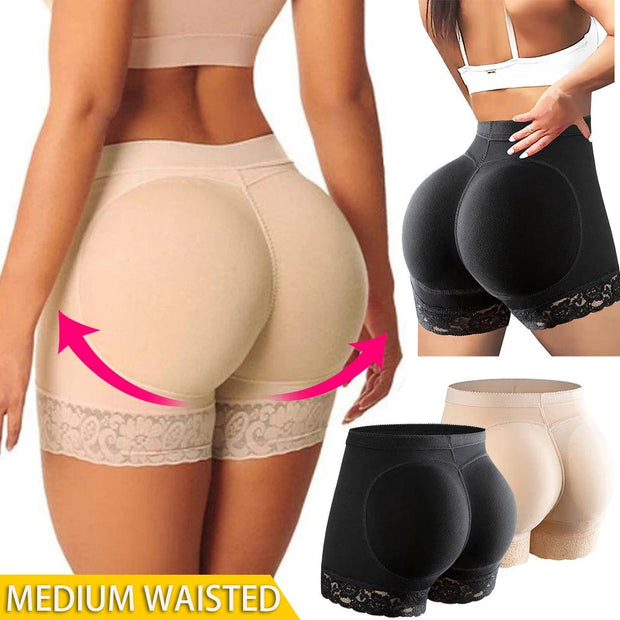 Curvy women model medium-waisted butt-lifting shapewear with lace trim.