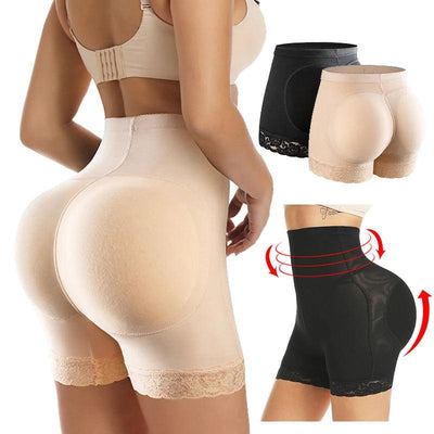 High-waisted padded shapewear shorts with lace trim, compression, and lift.