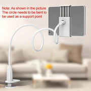 Flexible gooseneck tablet holder with clamp base, requiring a circular bend for stability.